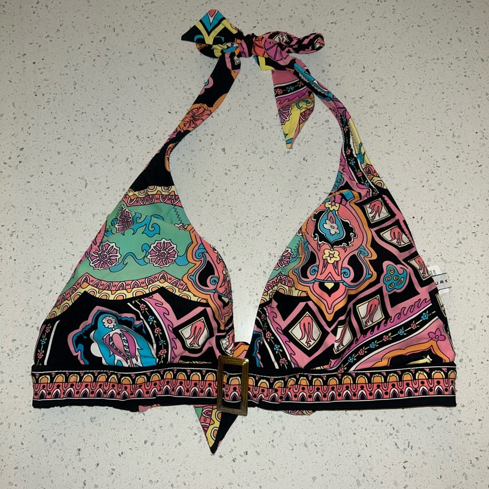 Trina Turk Printed Halter Bikini Top Buckle Front Retro Boho Swim D Cup